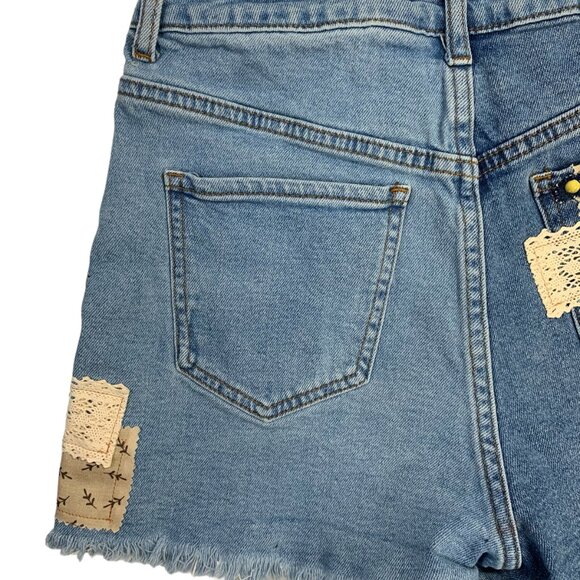 SONG Cut Off Jean Shorts Boho Denim Button Fly Distressed Plaid Patchwork 7 - Picture 8 of 12